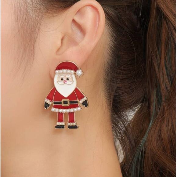 NEW Santa Claus Pearl Jeweled Enamel Stud Earrings Christmas Holiday - Picture 2 of 4